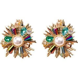 Vintage Flower Earrings | Gold-Toned Rhinestone & Pearl Medieval Style